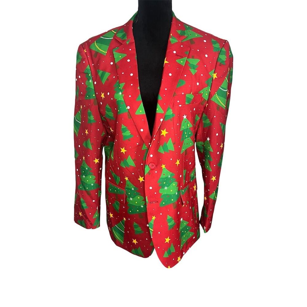 OppoSuits Men's Christmas Tree Print Blazer Red Size M Party Holiday